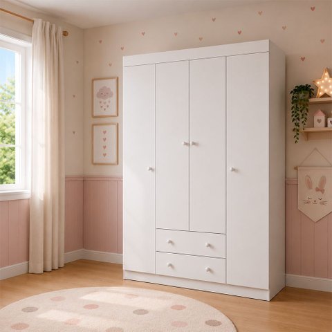 Guarda Roupa Roupeiro para Quarto de Bebê 100% MDF 4 Portas 2 Gavetas Infantil Helena Branco Phoenix