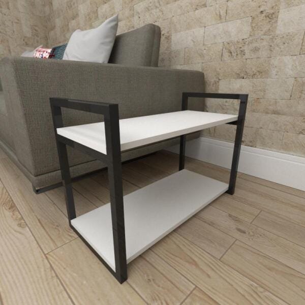 Mesa lateral sofá industrial aço cor preto prateleiras 30 cm cor branca modelo ind01bml - 1