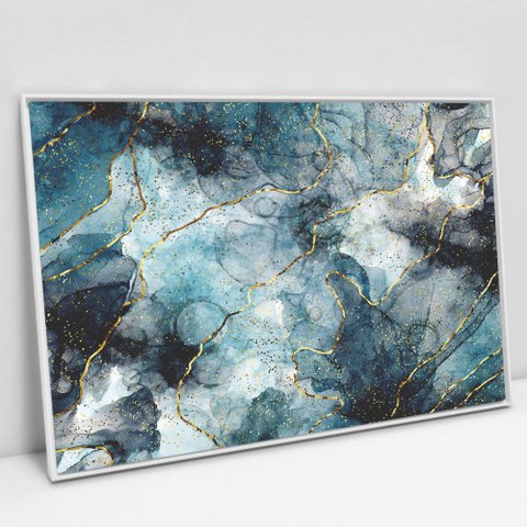 Quadro Decorativo em Canvas Abstrato Mármore Azul - Moldura Branca - 90 x 60cm