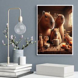 Quadro Família Capivaras Tomando Café 33x24cm - com Vidro:madeira Branca - 2