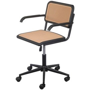 Cadeira Cesca Preta Palha Bege Base Rodízio Com Braço - 71690