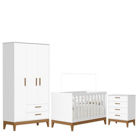 Quarto de Bebê Flip com Cômoda Gaveteiro Branco Acetinado com Berço Americano - Reller