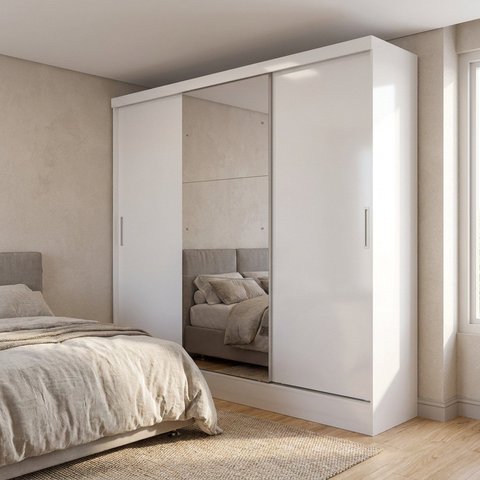 Guarda-Roupa Casal com 3 Portas de Correr e 4 Gavetas com Espelho Casuá Branco Linha Plata
