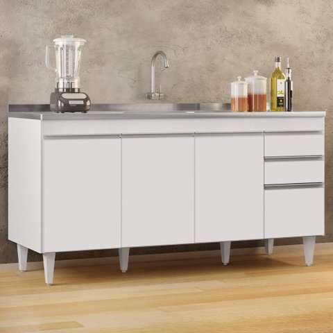 Balcão Gabinete com Pia Inox 160cm Arkansas Branco - Lumil Lumil Móveis