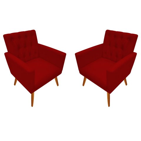 Kit 2 Poltronas Decorativa Nina Capitonê Suede Vermelho Pés Madeira Mz Decor