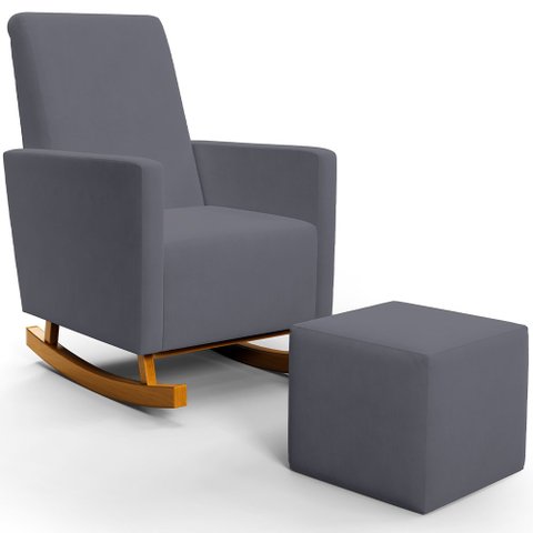Poltrona de Amamentação com Balanço e Puff Ravena W01 Suede Cinza - Lyam Decor