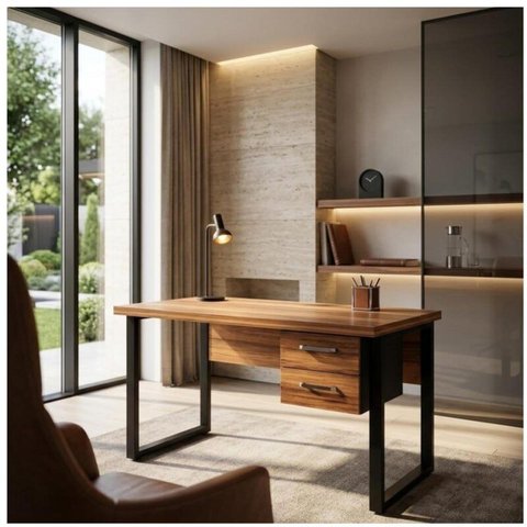 Mesa Escritório Pé Quadro 1,20x0,60m c/ Gavetas Nogal Sevilha/Preto 24471