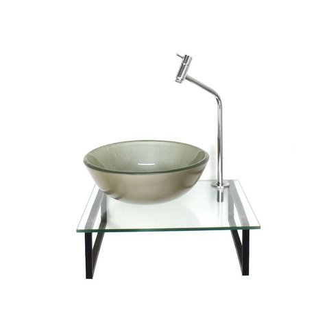 Gabinete de Vidro com Cuba Redonda Champanhe Tampo 40cm Incolor Mais Torneira Metal