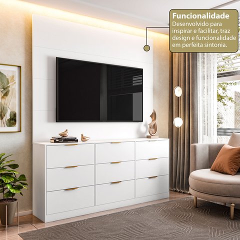 Painel com Cômoda para TV até 60 Polegadas 9 Gavetas 250CMX200CM Sun Yescasa Branco