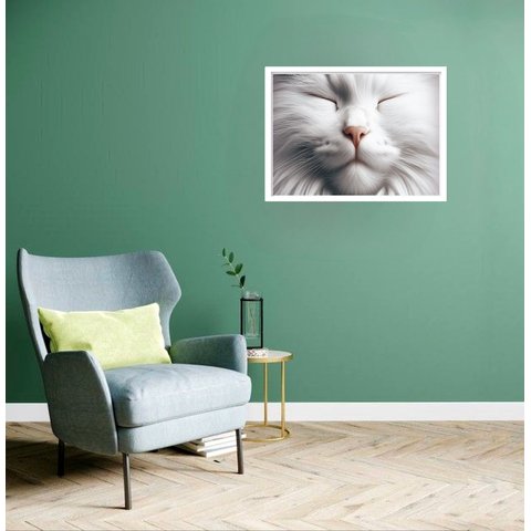 Quadro Decorativo Gato Olhos Fechados - 50x70cm:moldura Branca