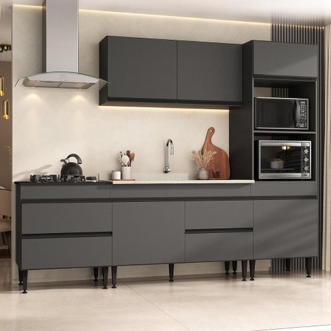 Armário Cozinha Modulada Completa com Pia Inclusa 251,5cm Milano Multimóveis MCR2473 Grafite/Creme