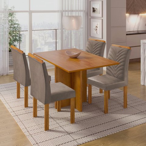 Conjunto Sala de Jantar Mesa 4 Cadeiras MDF Dakota Carol Marrom Cinamomo/Veludo Bege Escuro