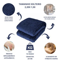 Cobertor Solteiro Manta Canelada Azul Marinho Fofo Inverno - 3