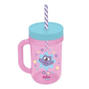 Copo Infantil de Plástico com Tampa e Canudo Happy Bubu e as Corujinhas 420Ml