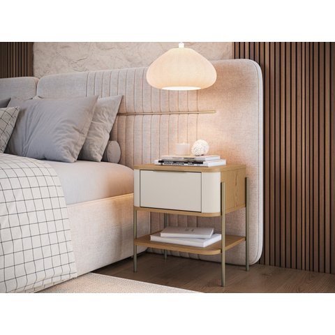 Mesa de Cabeceira Bellagio 100% MDF, com 1 Gaveta, Design Curvo e Pés em Metal