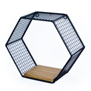 Nicho Hexagonal Madeira e Metal preto