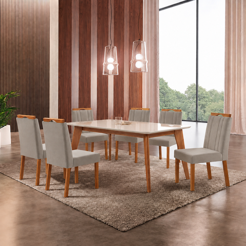 Conjunto Sala de Jantar Mesa Paris Madeira Maciça 160x90cm Tampo Retângular Vidro Off White com 6 Ca