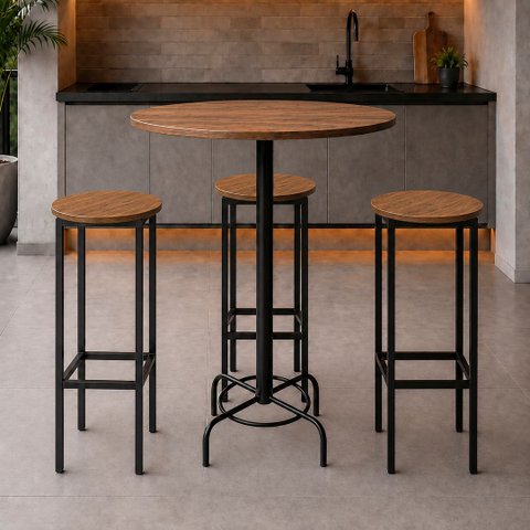 Conjunto Mesa Bistrô Alabama com 3 Banquetas Alta Kassel Cor Louro Freijó - Kmj