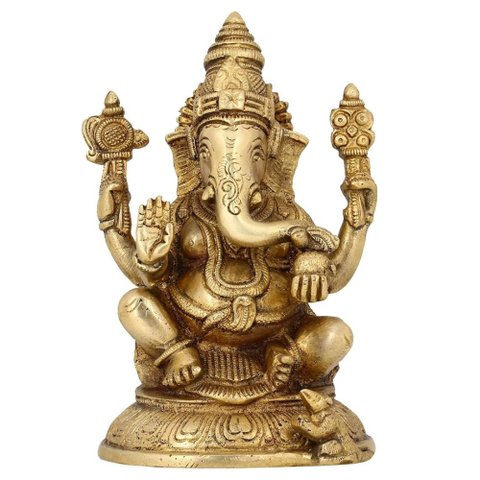 Estátua de Ganesha Sentado Dourado Resina 16cm