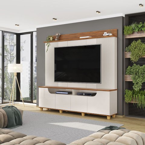 Home Estante Banner Tv 75" Ripado Canelado 4 Portas Offwhite/freijó G18 - Gran Belo