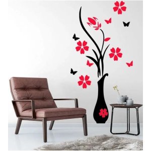 Adesivo De Parede Decorativo Flores Vermelhas Borboletas