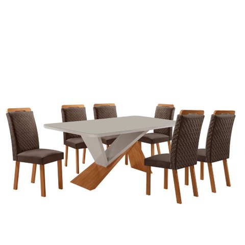 Mesa de Jantar Yasmin 180cm Tampo MDF Vidro Canto Copo com 6 Cadeiras Aline Moderna Mobília