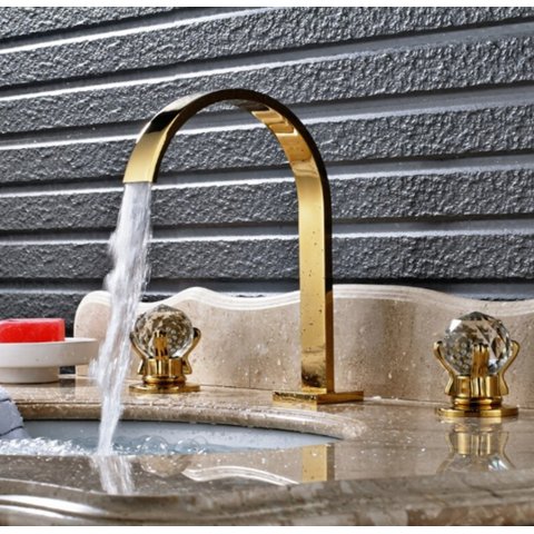 Torneira Lavabo Banheiro Duplo Comando Dourada Com Pedra