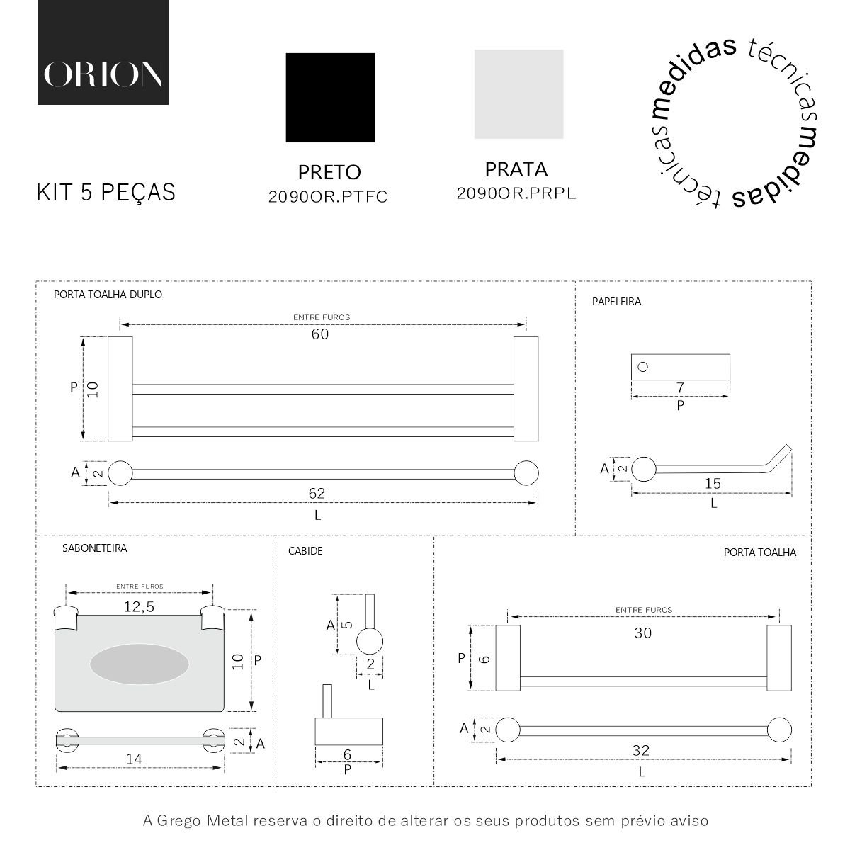 Kit de Acessórios Duplo para Banheiro Orion 5 Peças Suporte Preto 2090or - 5