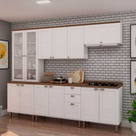 Cozinha Completa Iluminata 12 Portas 3 Gavetas com Vidro 100% MDF Branco/Ébano - Genialflex