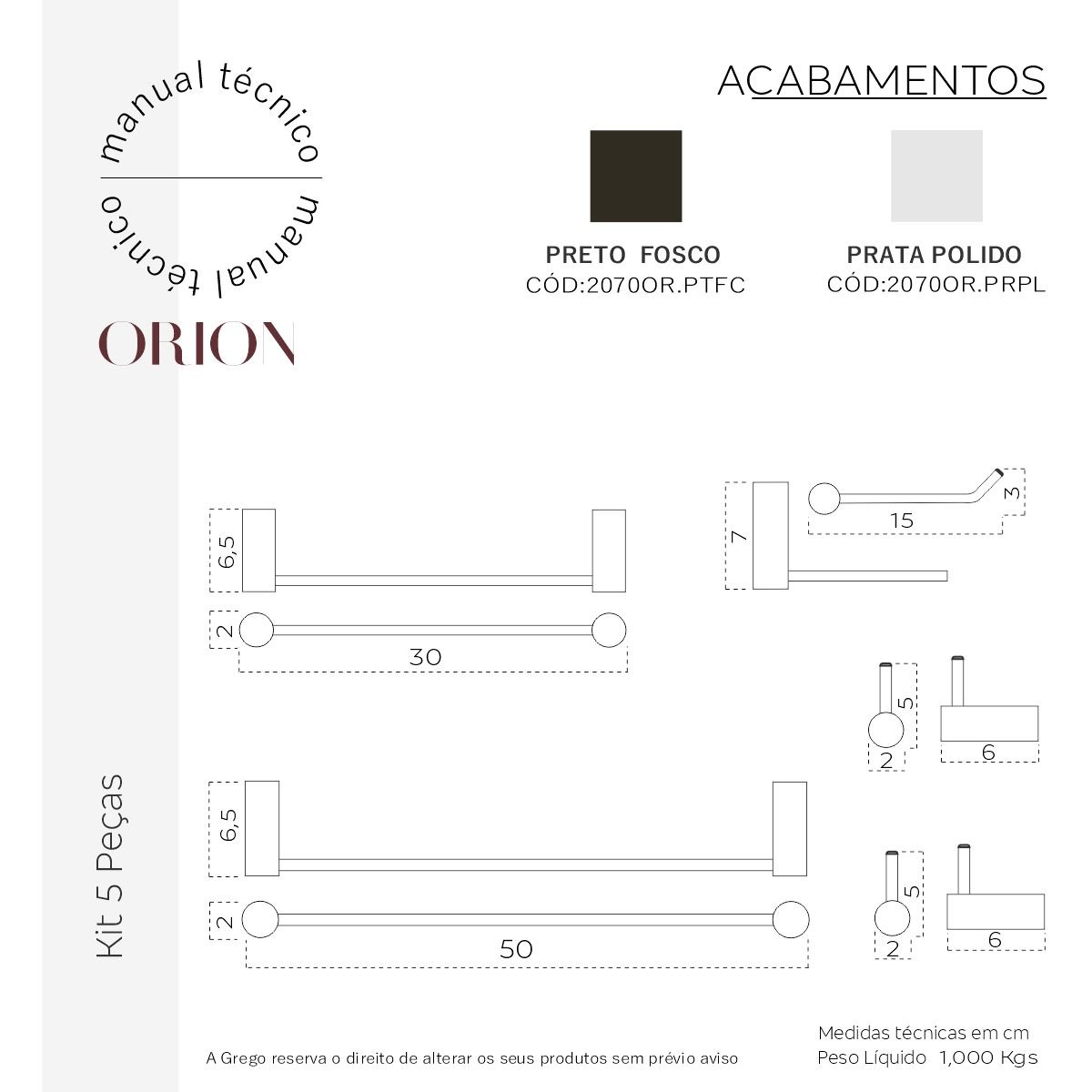 Kit de Acessórios de Banheiro Grego Metal Completo 5 Peças Suporte Redondo Preto Fosco Orion - 4