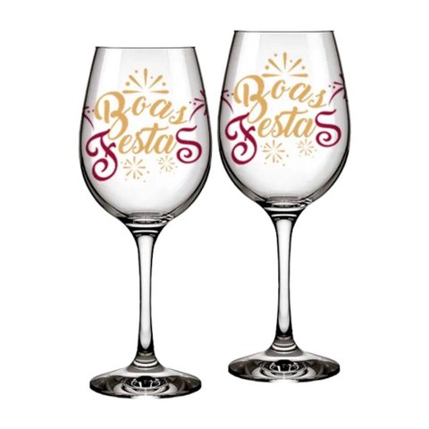 Kit 2 Taças de Vinho Vidro 300ml Boas Festas Presente Natal