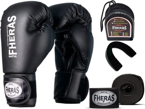Kit Luva de Boxe Muay Thai MMA Bandagem e Bucal 14oz Preto - 1