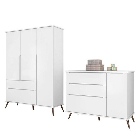 Jogo de Quarto Infantil Retrô Melinda Guarda Roupa e Cômoda com Porta Branco - Phoenix Baby