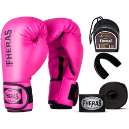 Kit Luva de Boxe Muay Thai MMA Bandagem e Bucal Rosa 14oz - 1 Kit Luva de Boxe Muay Thai MMA Bandagem e Bucal Rosa 14oz - 1