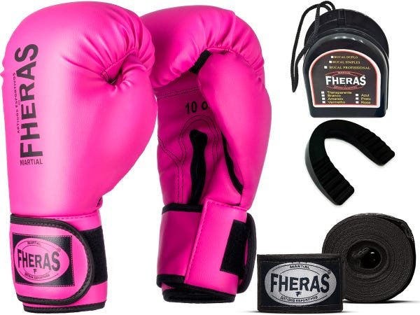 Kit Luva de Boxe Muay Thai MMA Bandagem e Bucal Rosa 12oz - 1