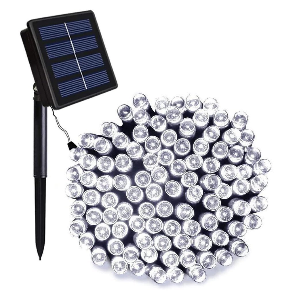 Pisca Cordão Solar Natal LED 100 Lâmpadas Luz Branca 8m 8 Funções - 1