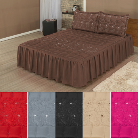 Colcha de casal padrão oxford 200 fios cobre leito bordado + 2 porta travesseiros