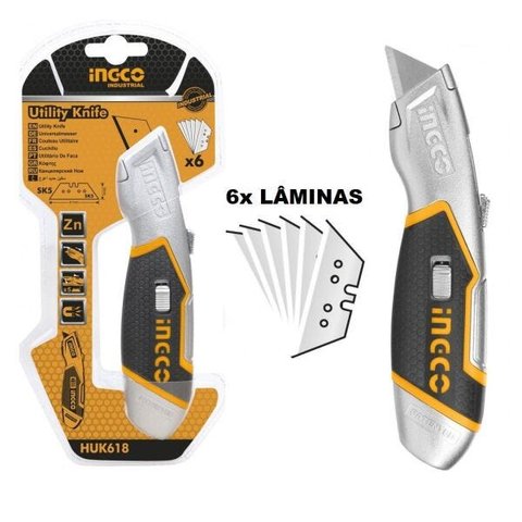 Estilete Trapezoidal INGCO Profissional Industrial Com 6 Lâminas