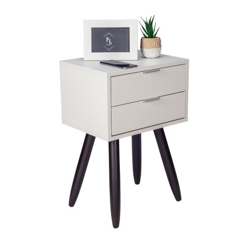 Mesa de Cabeceira Retrô 40cm Branco 2 Gavetas Pés Palito Madeira Maciça Marrom - Enviamos Montado