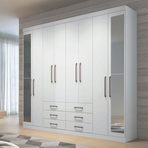 Guarda-Roupa Casal 8 Portas 6 Gavetas com Espelho Branco Brilho Havana Master Santos Andirá