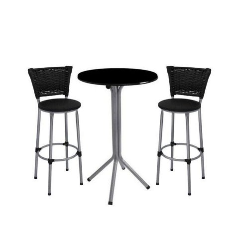 Jogo de Mesa Bistrô Prata Tampo Preto com 2 Banquetas Prata Junco e Assento Preto - Fortmix