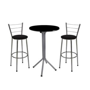 Jogo de Mesa Bistrô Prata Tampo Preto com 2 Banquetas Alta Prata Assento Preto