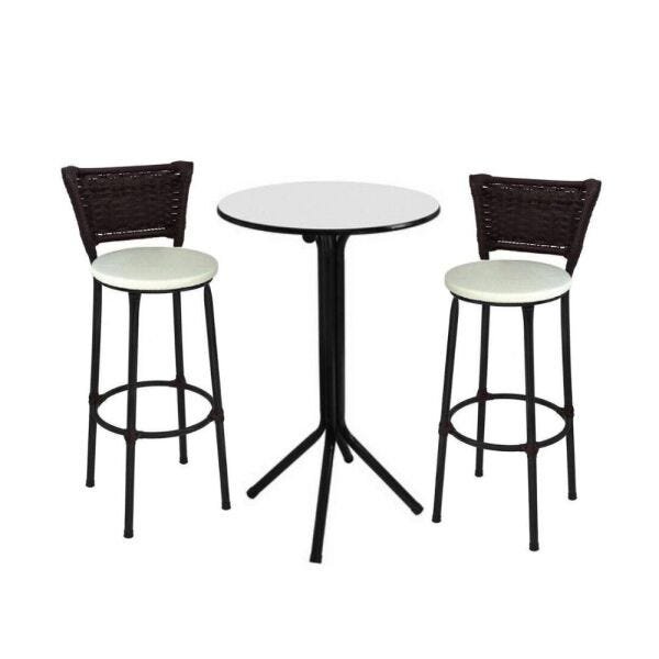 Jogo de Mesa Bistrô Tampo Branco com 2 Banquetas com Junco Preto Assento Branco - Fortmix