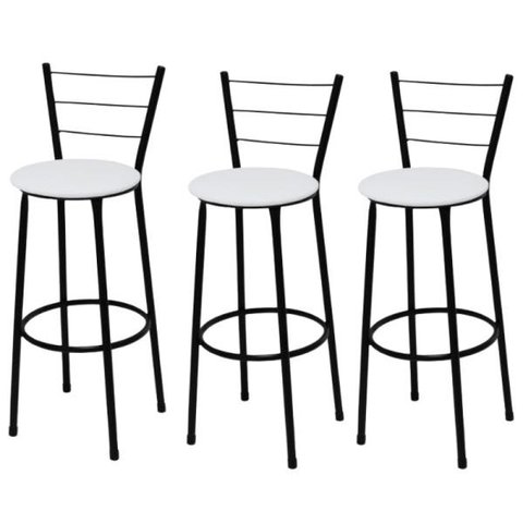 Kit 3 Banquetas Média Preta Assento Branco Fortmix