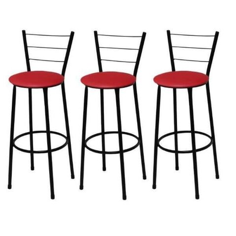 Kit 3 Banquetas Média Preta com Assento Vermelho Fortmix