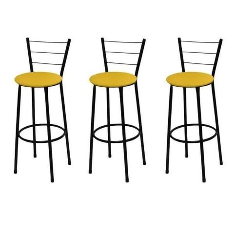 Kit 3 Banquetas Média Preta com Assento Amarelo Fortmix