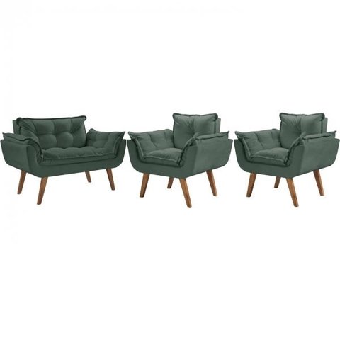 Conjunto Poltronas Opalla 1 Namoradeira e 2 Poltronas de 1 Lugar Pés em Madeira Verde