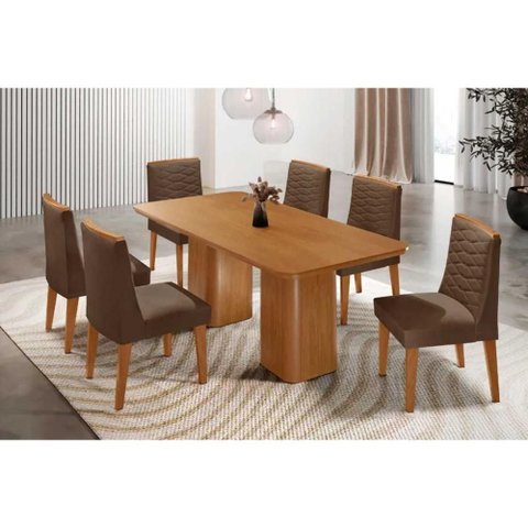 Conjunto: Mesa de Cozinha Maldivas C/ Tampo Madeirado Canto Curvo 180x90cm e 6 Cadeiras Maldivas