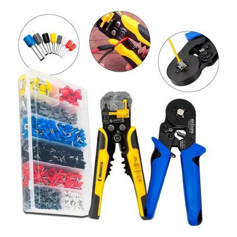 Kit Alicate Crimpar Descascador 1200 Terminais Ilhós Tubular