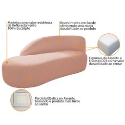 Kit Divã Luna 160cm Lado Esquerdo e 02 Poltronas Base de Ferro Dourado Suede Doce Sonho Móveis Rosê - 5